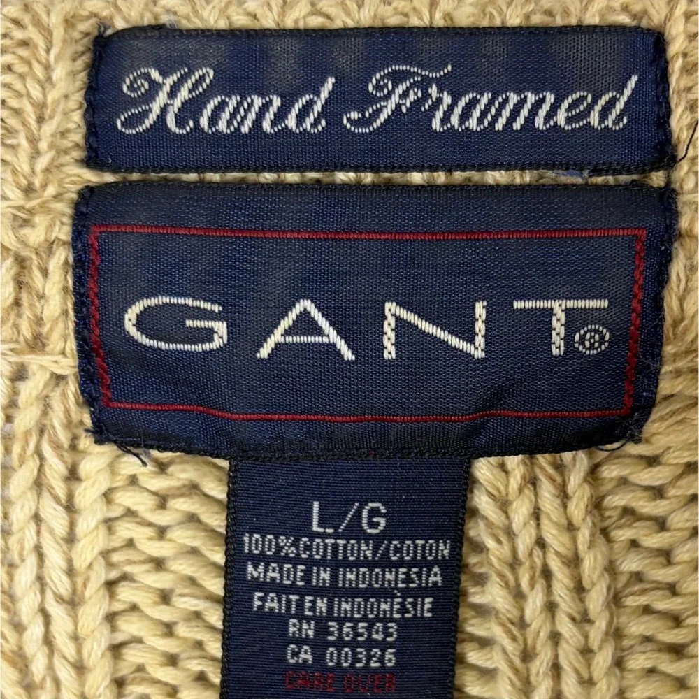 Vintage Gant Sweater Hand Framed Beige Tan Cable Knit Cotton Men L Y2K Fisherman